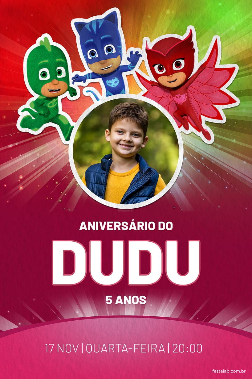 Convite de Aniversario - PJ Mask - Herois vermelho